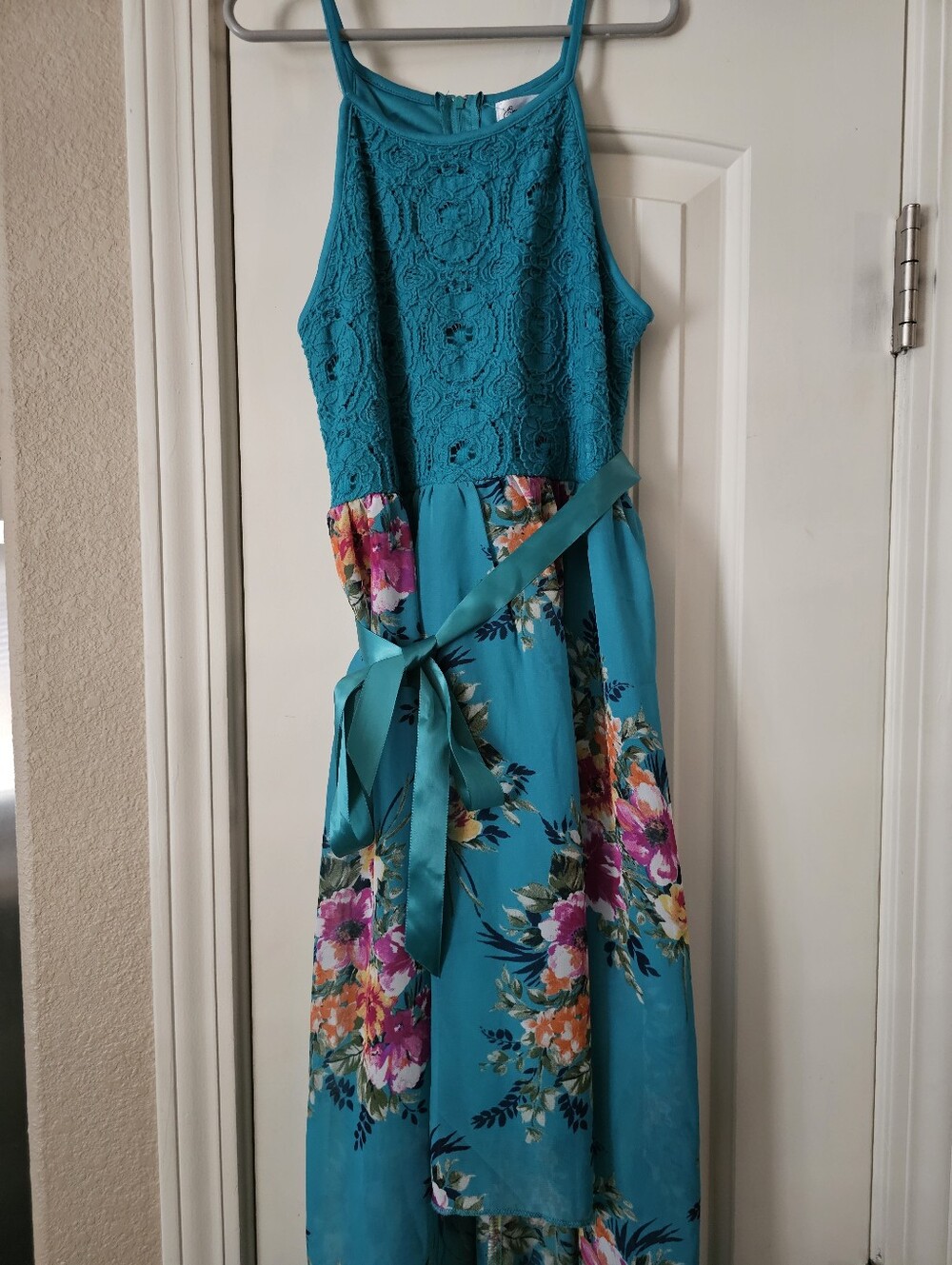 Girls Teal Floral High-Low Dress
